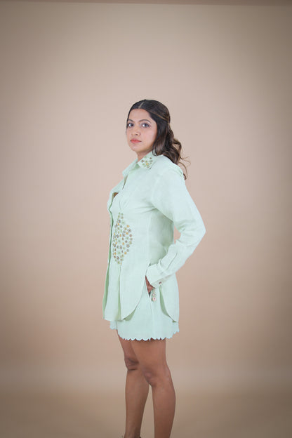 Matcha embroidered shirt and shorts coord set