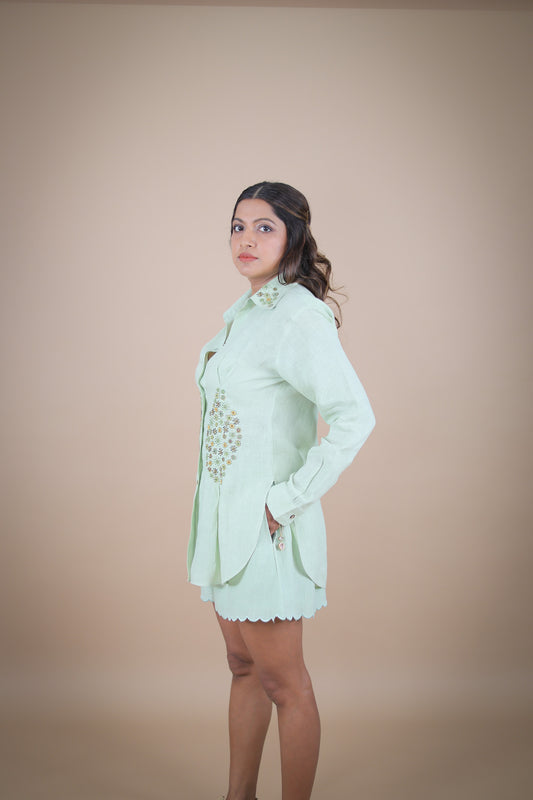 Matcha embroidered shirt and shorts coord set