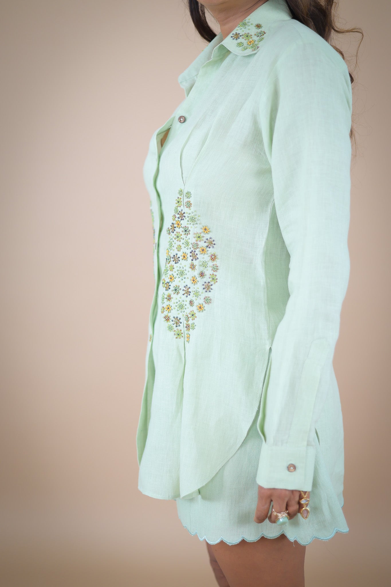 Matcha embroidered shirt and shorts coord set