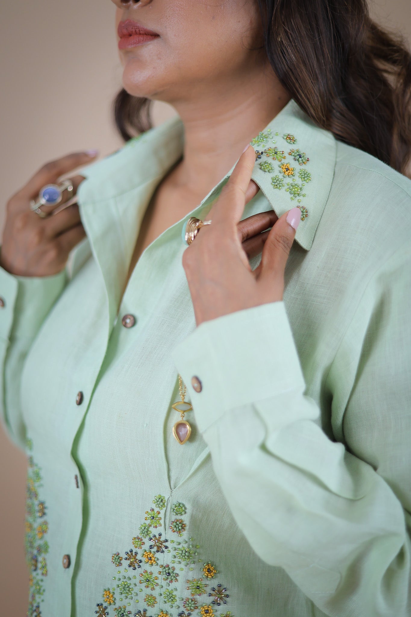 Matcha embroidered shirt and shorts coord set