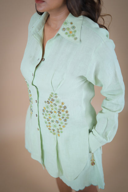 Matcha embroidered shirt and shorts coord set