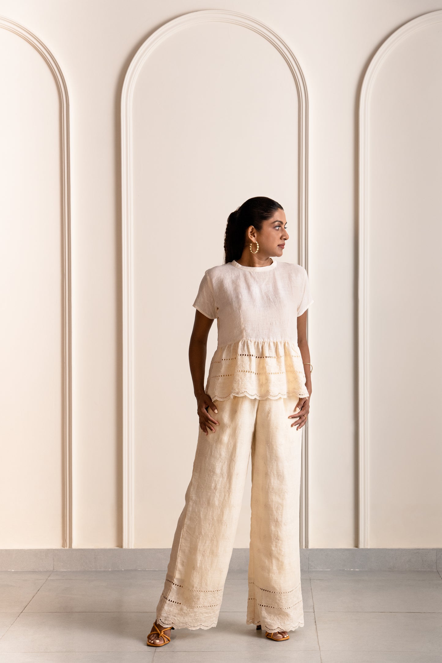 Iris embroidered linen pants