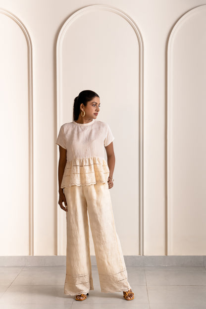 Iris embroidered linen pants
