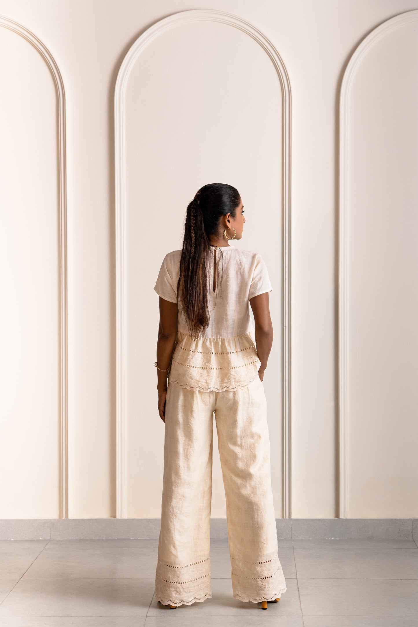 Iris embroidered linen pants