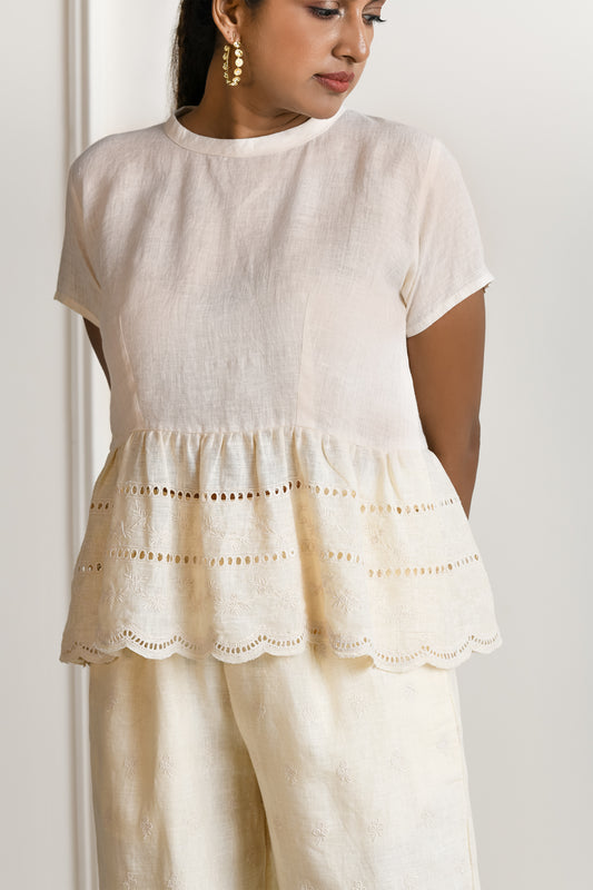 Iris embroidered linen top